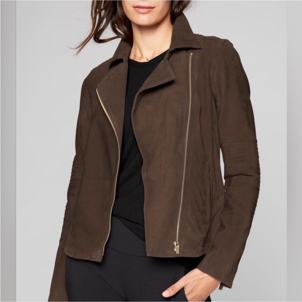 Like New Athleta Helena Suede Moto Jacket Dark Taupe size medium - Picture 10 of 12